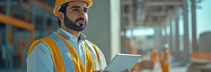 Construction professional with tablet in safety vest